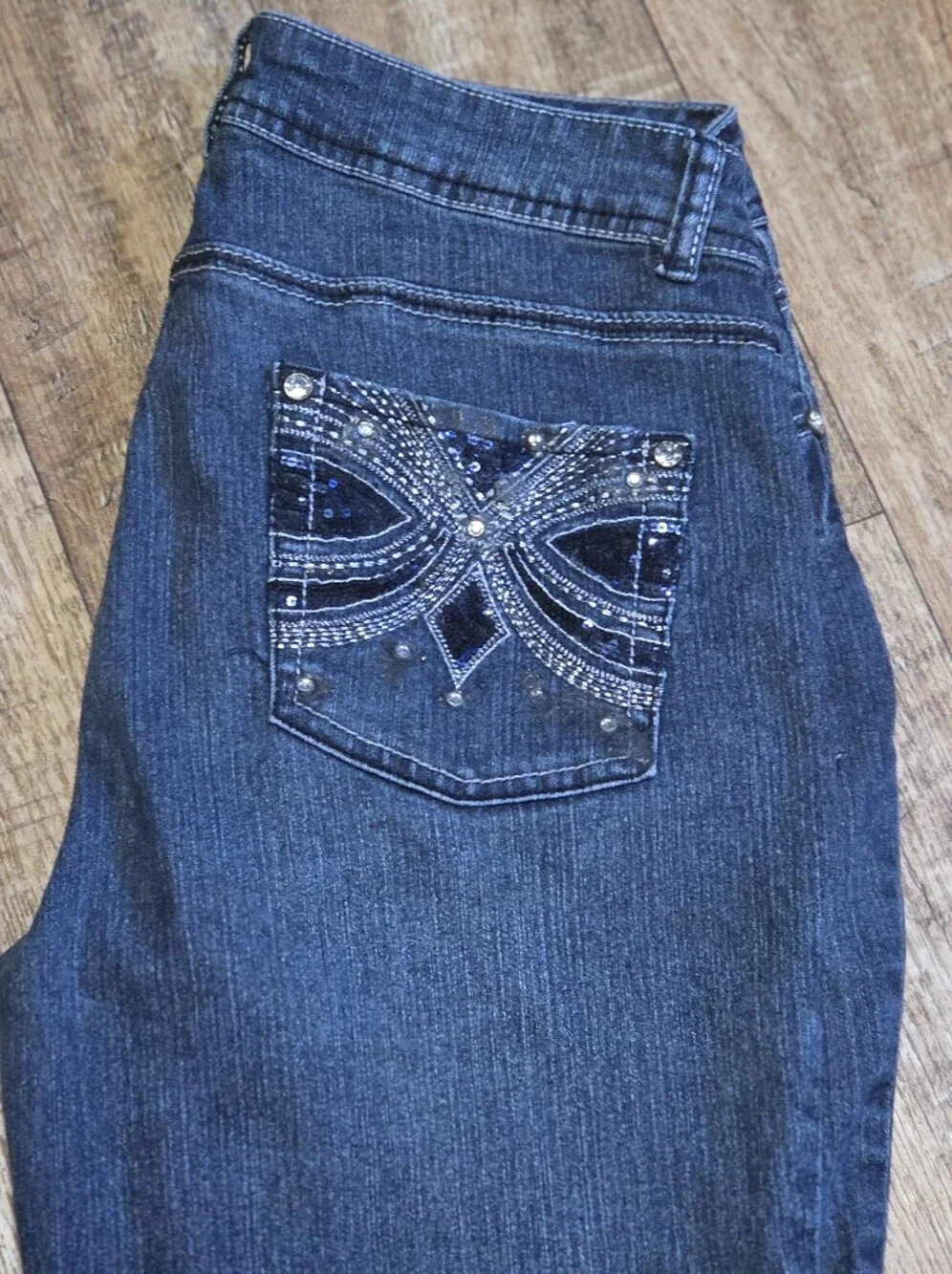 Roz & Ali Rhinestone/sequin Blue Embellished Pocket Jeans